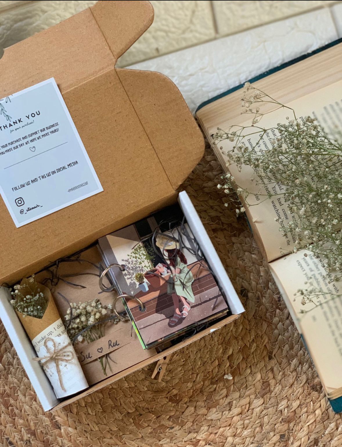 Personalized trifold card gift combo with ring photo book and flower bouquet
