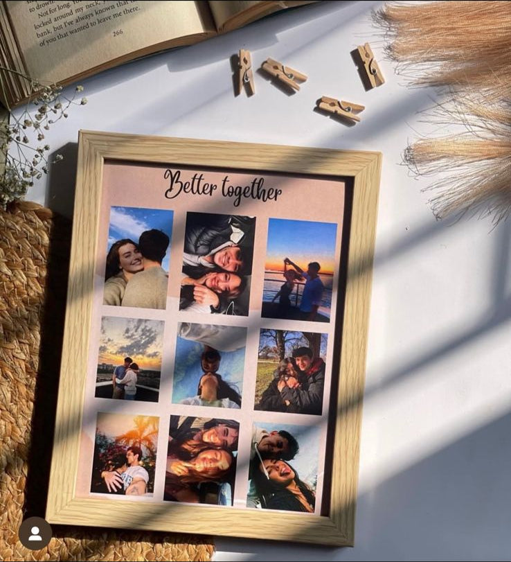 Handcrafted collage frame with multiple photos arranged in grid, decorative keepsake for home décor