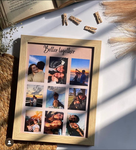 Handcrafted collage frame with multiple photos arranged in grid, decorative keepsake for home décor