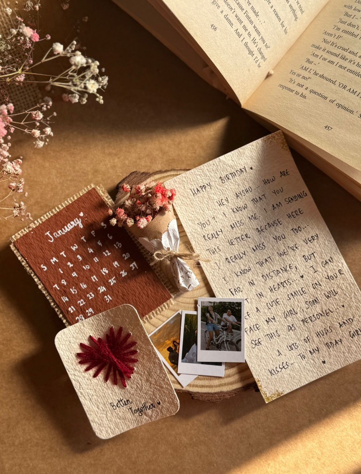 Mini personalized gift combo with polaroids, letter and flower bouquet
