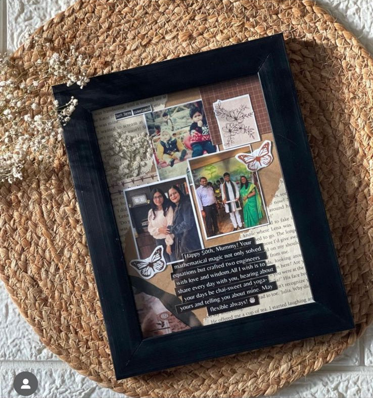 Handcrafted customised photo collage frame with decorative elements placed on woven surface