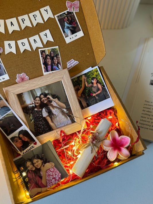 Handcrafted Pretty Little Hamper with frame, polaroids, mini book, banner, lights and decorative items