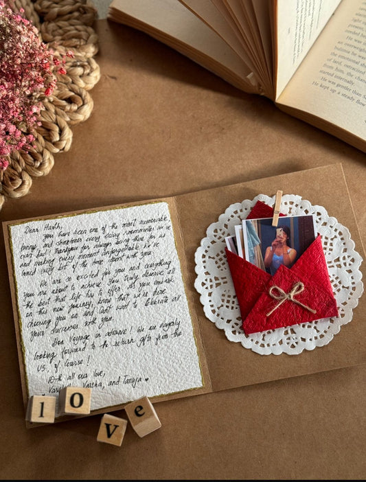 Handcrafted folded red letter tied with string, romantic note card gift on decorative doily