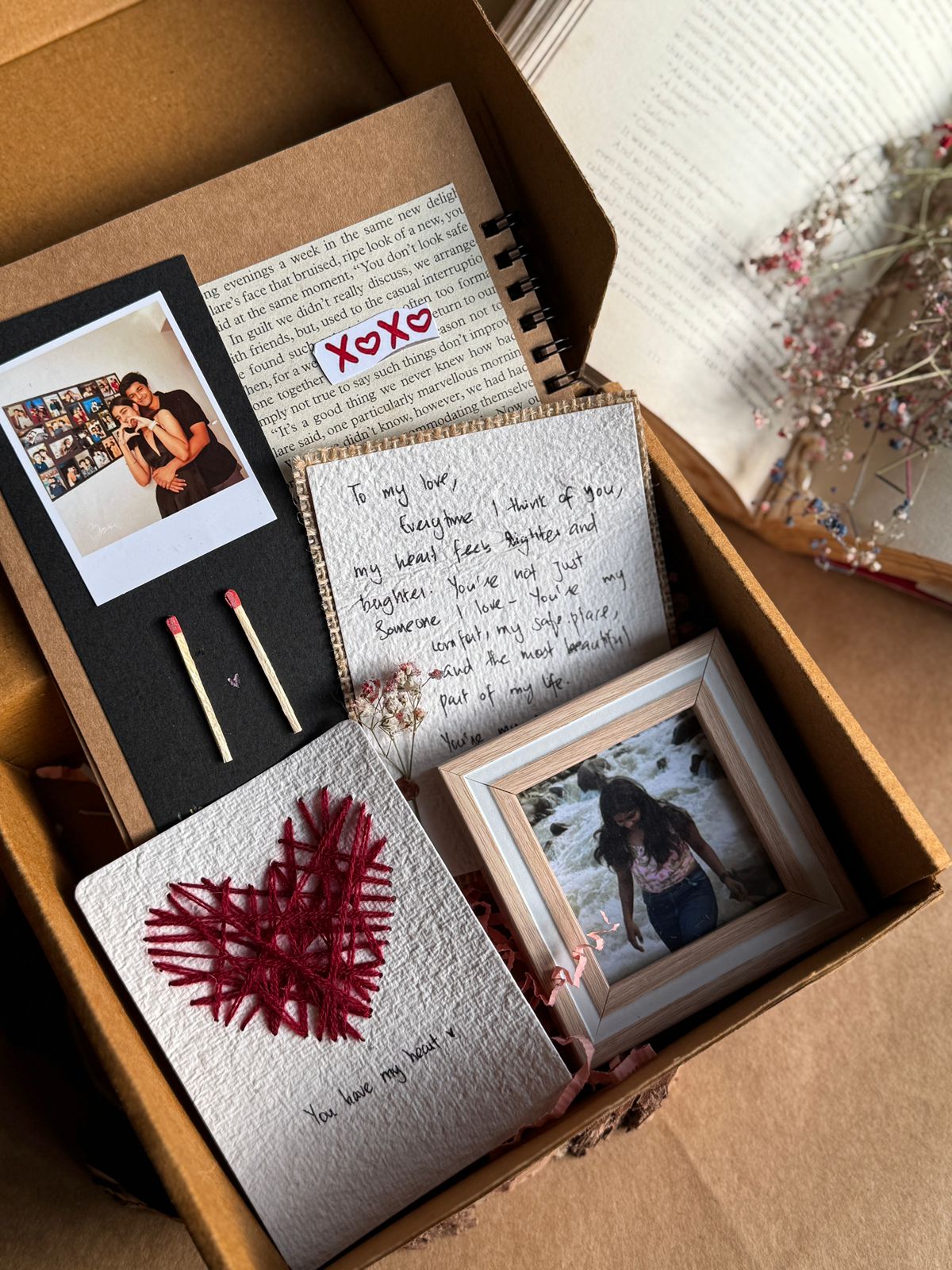 Handcrafted Happy Hamper with frame, letter, scrapbook and heart card arranged in box