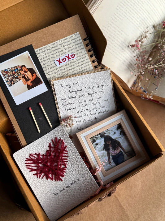 Handcrafted Happy Hamper with frame, letter, scrapbook and heart card arranged in box