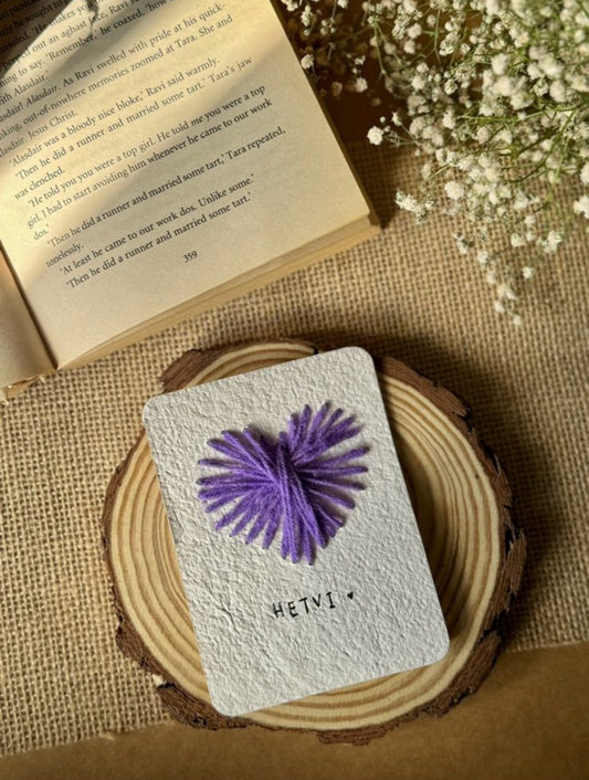 Handcrafted purple heart greeting card with floral design on textured background, personalized keepsake gift