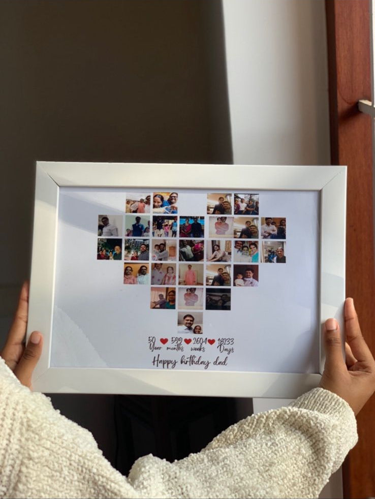 Hand holding handcrafted heart shape collage photo frame with multiple photos arranged in heart design
