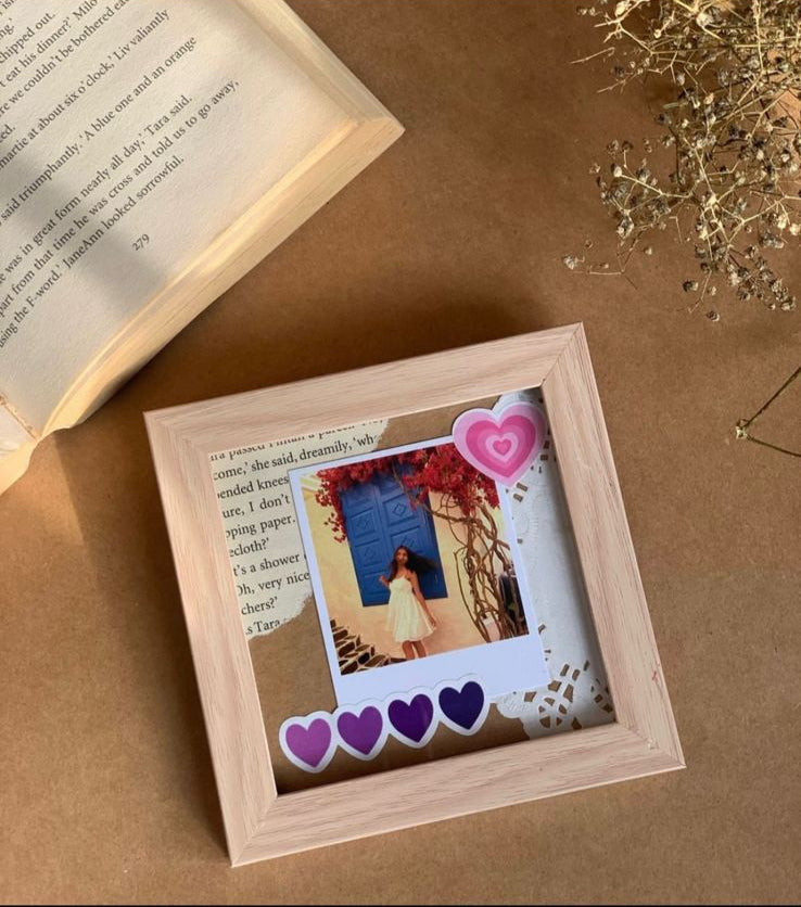 Handcrafted mini aesthetic frame with colorful design and purple heart embellishments, decorative keepsake