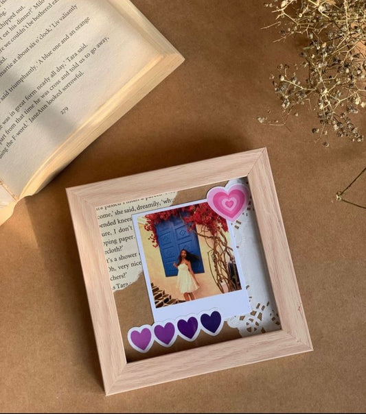 Handcrafted mini aesthetic frame with colorful design and purple heart embellishments, decorative keepsake