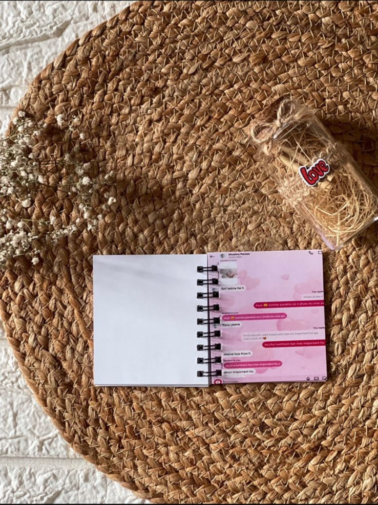 Handcrafted mini chat book with pink cover and spiral binding, personalized photo keepsake