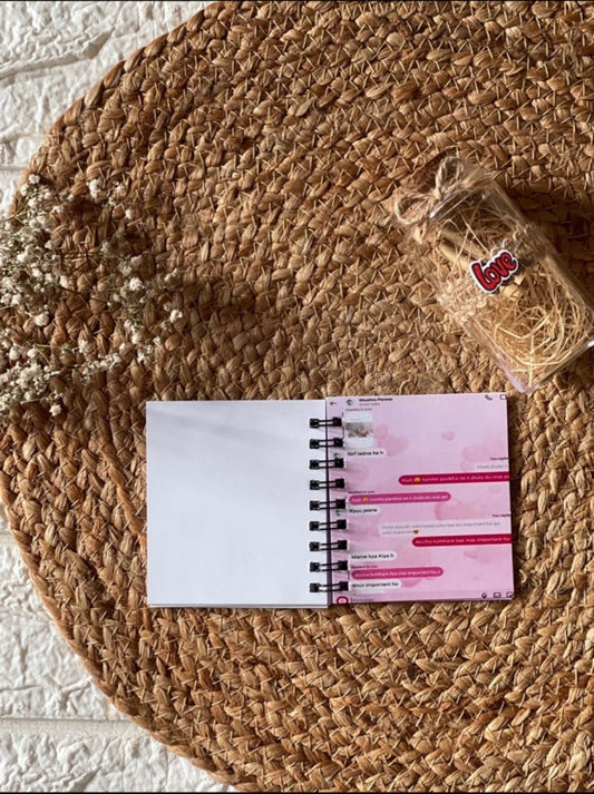 Handcrafted mini chat book with pink cover and spiral binding, personalized photo keepsake