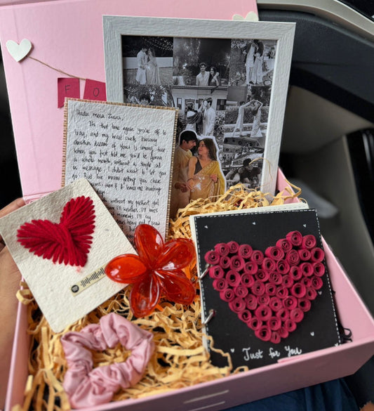 Premium personalized gift hamper with love book, letter and photo frame
