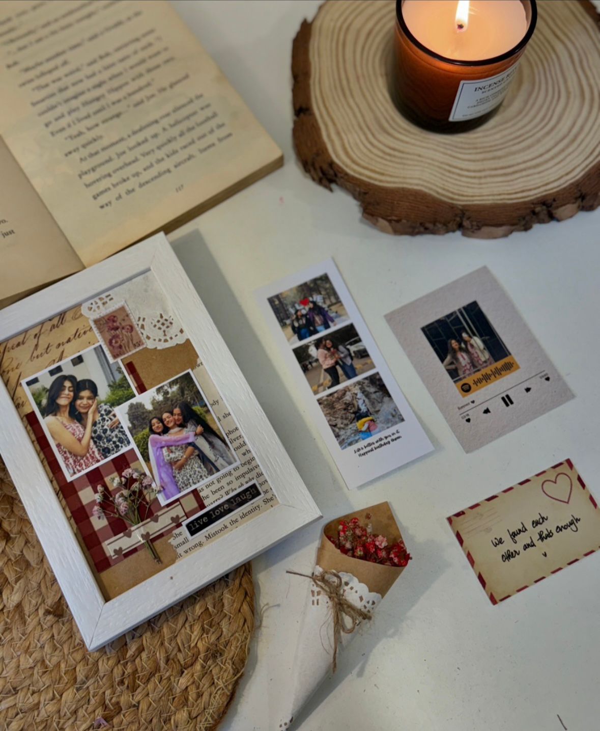 Handcrafted Spotify combo gift set with photo frames and bouquet