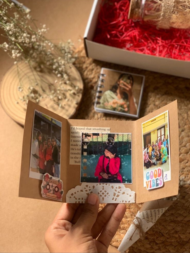 Handcrafted trifold greeting card with colorful design and decorative elements, personalized keepsake gift