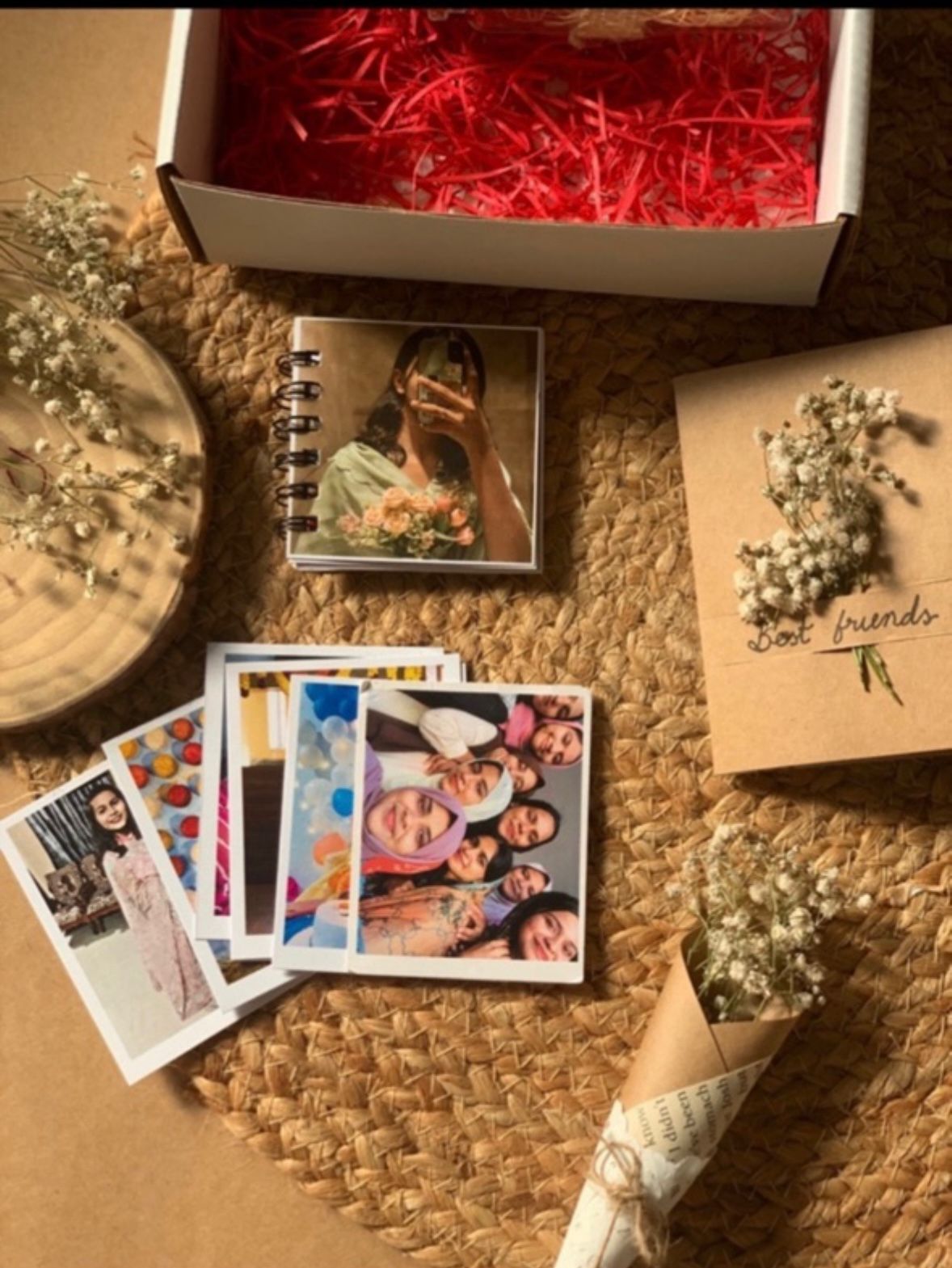 Vintage polaroid photo combo with mini photo book and flower bouquet

