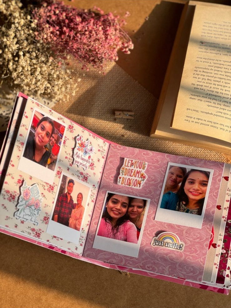 Handcrafted color scrapbook with decorative pages, personalized photo keepsake gift on wooden surface