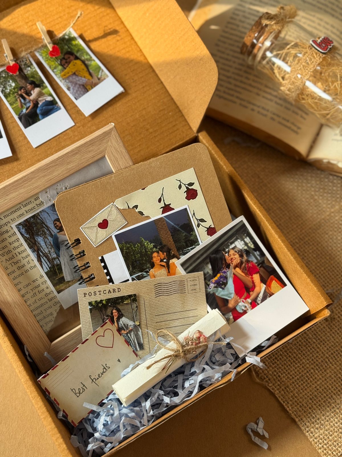 Handcrafted Sweet Vintage Box gift hamper with polaroid, frame, ring book, postcard and decorative items